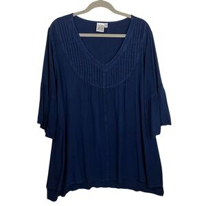 Parsley & Sage Womens 1X Navy Blue Pintuck V-Neck Bell Sleeve Rayon Tunic Top